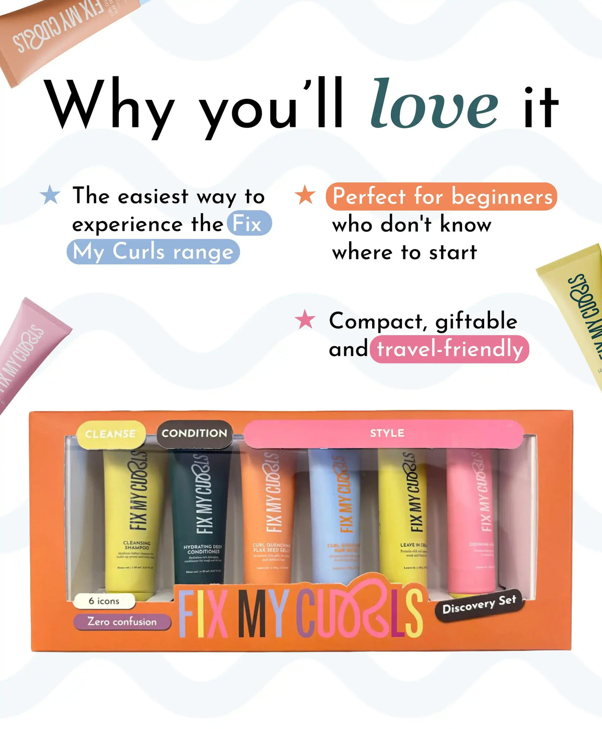 Fix My Curls Discovery Kit - 6 Bestselling Mini Products | Curly Hair Starter Set | 20 ML Each